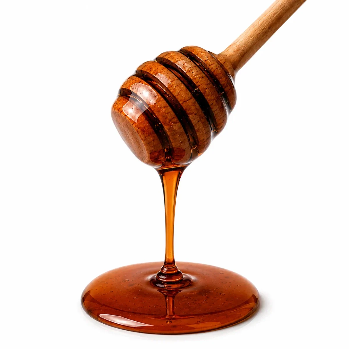 Black seed honey dripping from a wooden dipper - Eco Foods