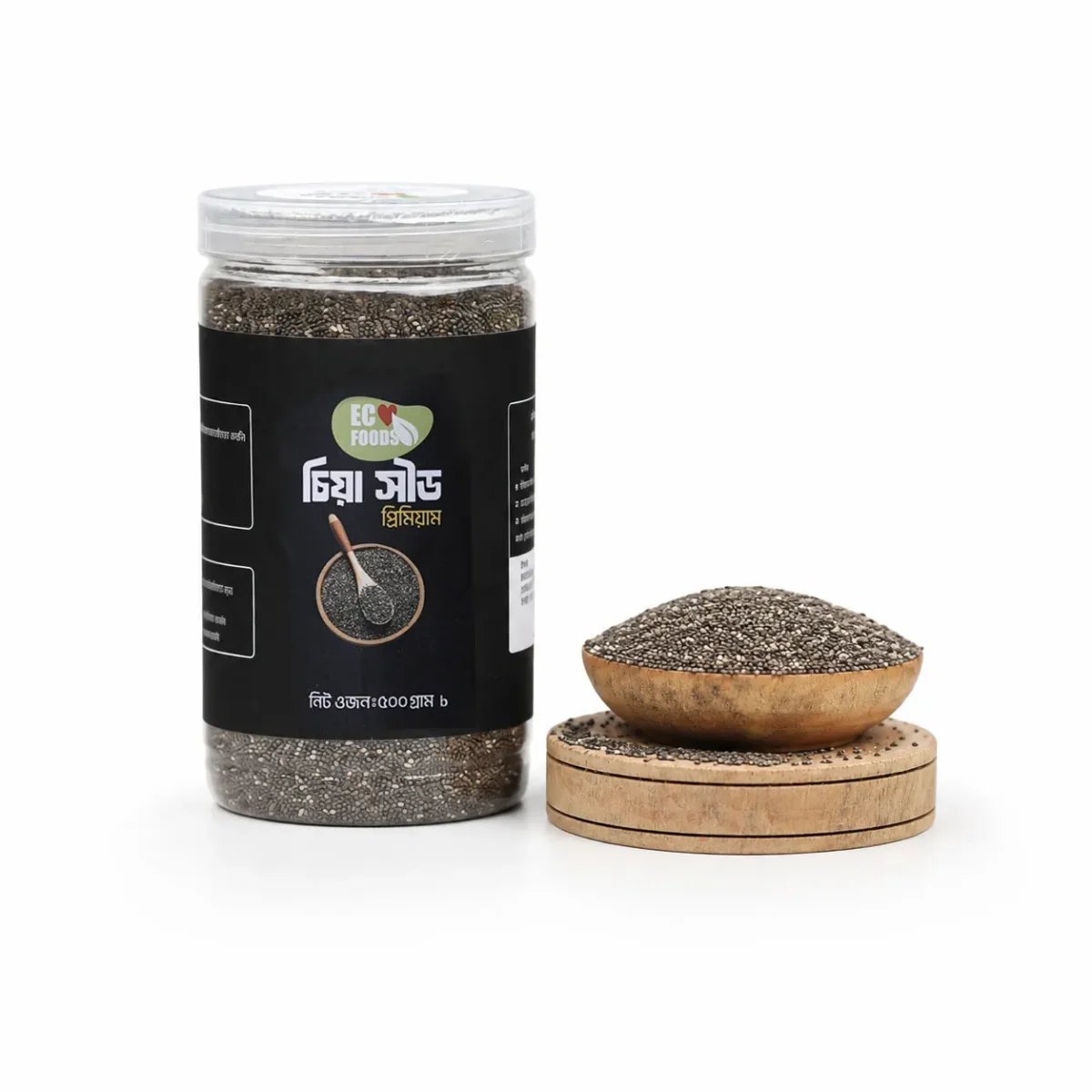 Premium Chia Seed 500 G jar with wooden bowl of seeds - Eco Foods