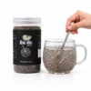 Premium Chia Seed 500 G jar with glass of soaked chia - Eco Foods