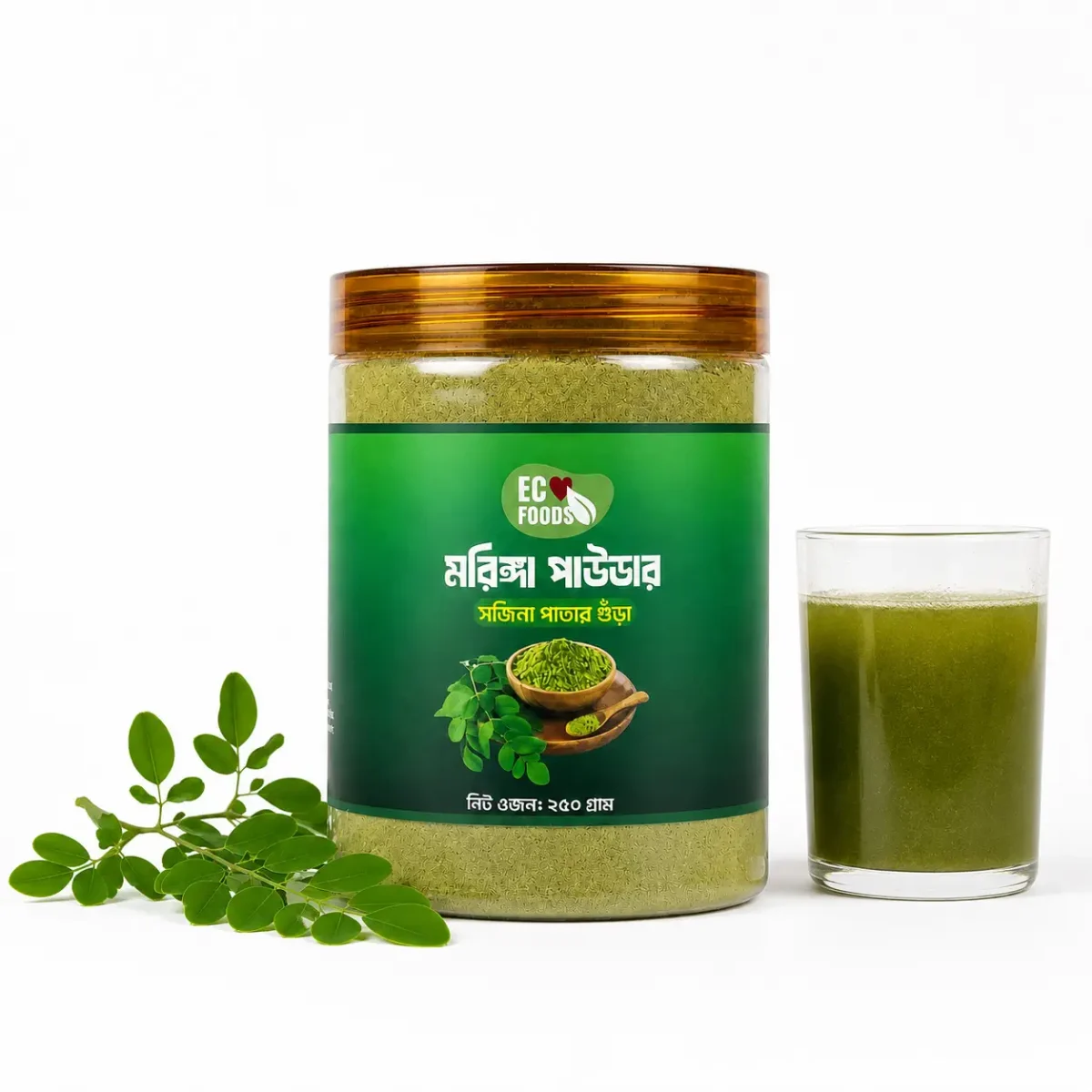 Moringa Powder 250 G jar with glass of moringa drink - Eco Foods