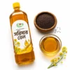 Mustard Oil 1 Litre bottle flat lay with mustard seeds, oil and flowers - Eco Foods