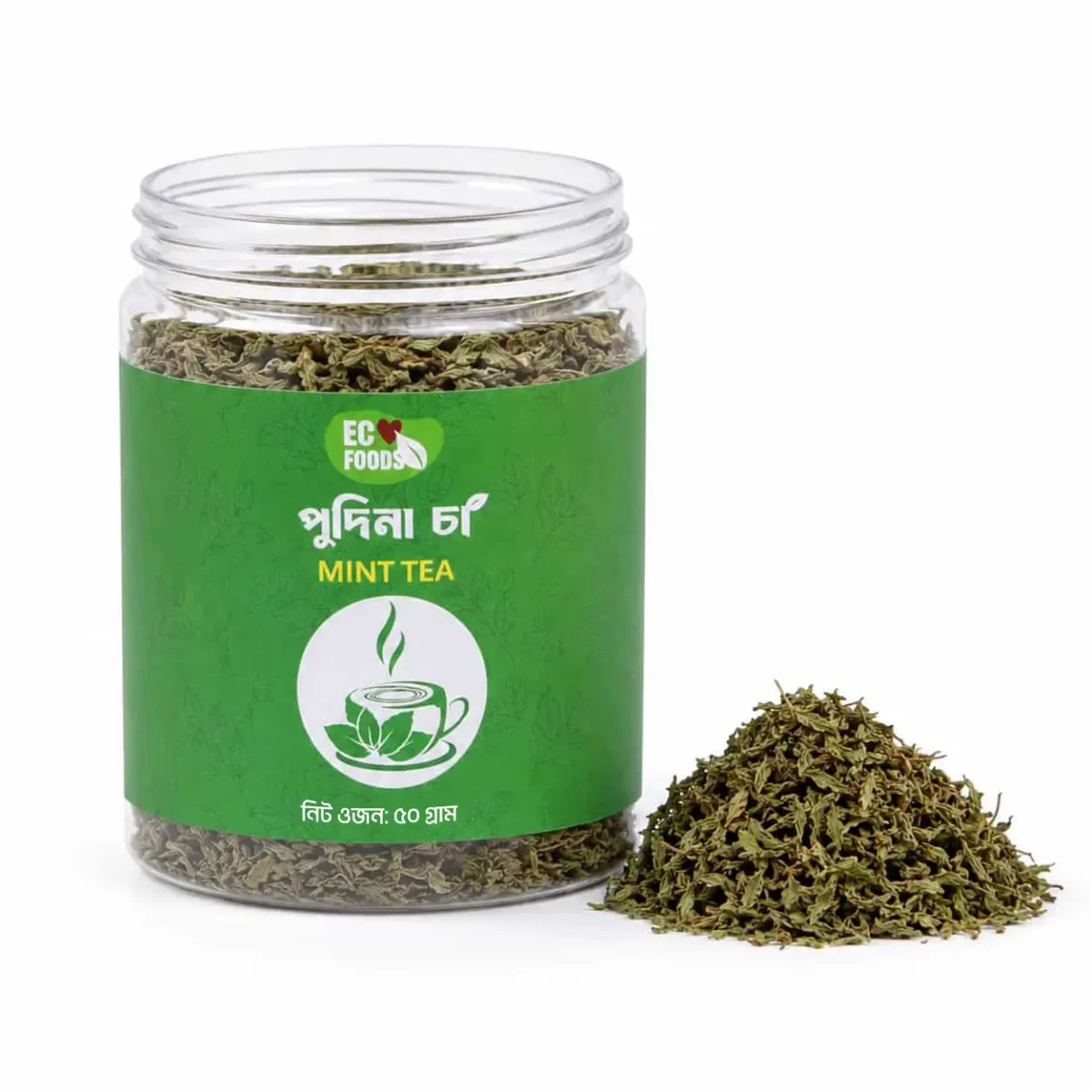 Pudina Mint Tea 50 G open jar with dried mint leaves - Eco Foods