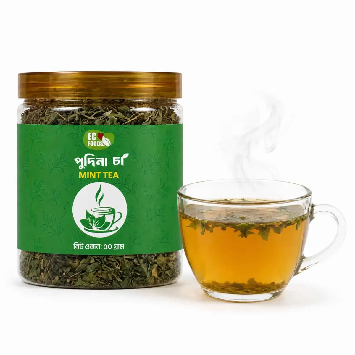 Pudina Mint Tea 50 G jar with brewed cup of mint tea - Eco Foods