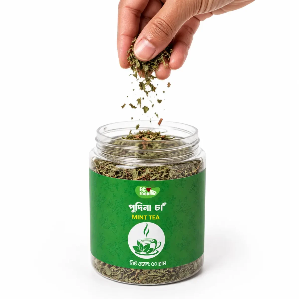 Pudina Mint Tea 50 G jar with hand adding dried mint - Eco Foods