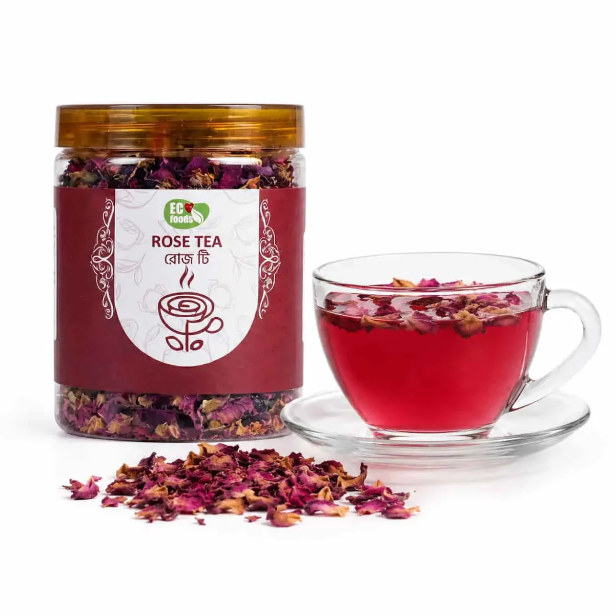 Rose Tea jar with brewed cup and petals - Eco Foods