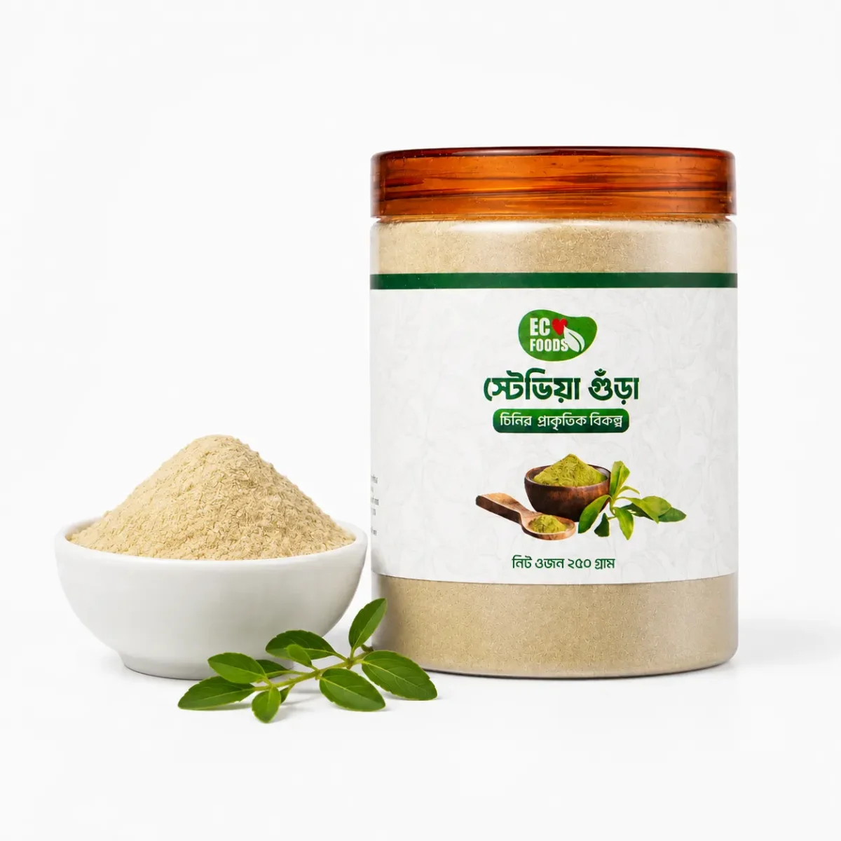 Stevia Powder 250 G jar with a bowl of stevia powder and fresh leaves - Eco Foods